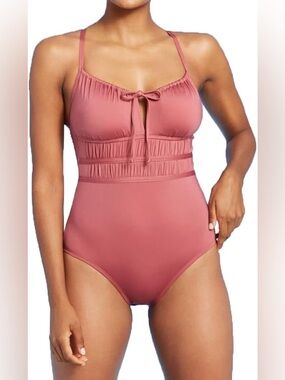 Kona Sol Mauve Tie-Front One-Piece Swimsuit - Size XL Tummy control